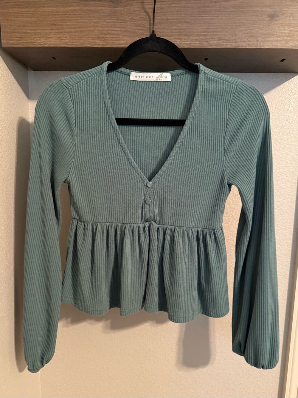 Altar'd State Sage Green Ribbed V-Neck Peplum Top